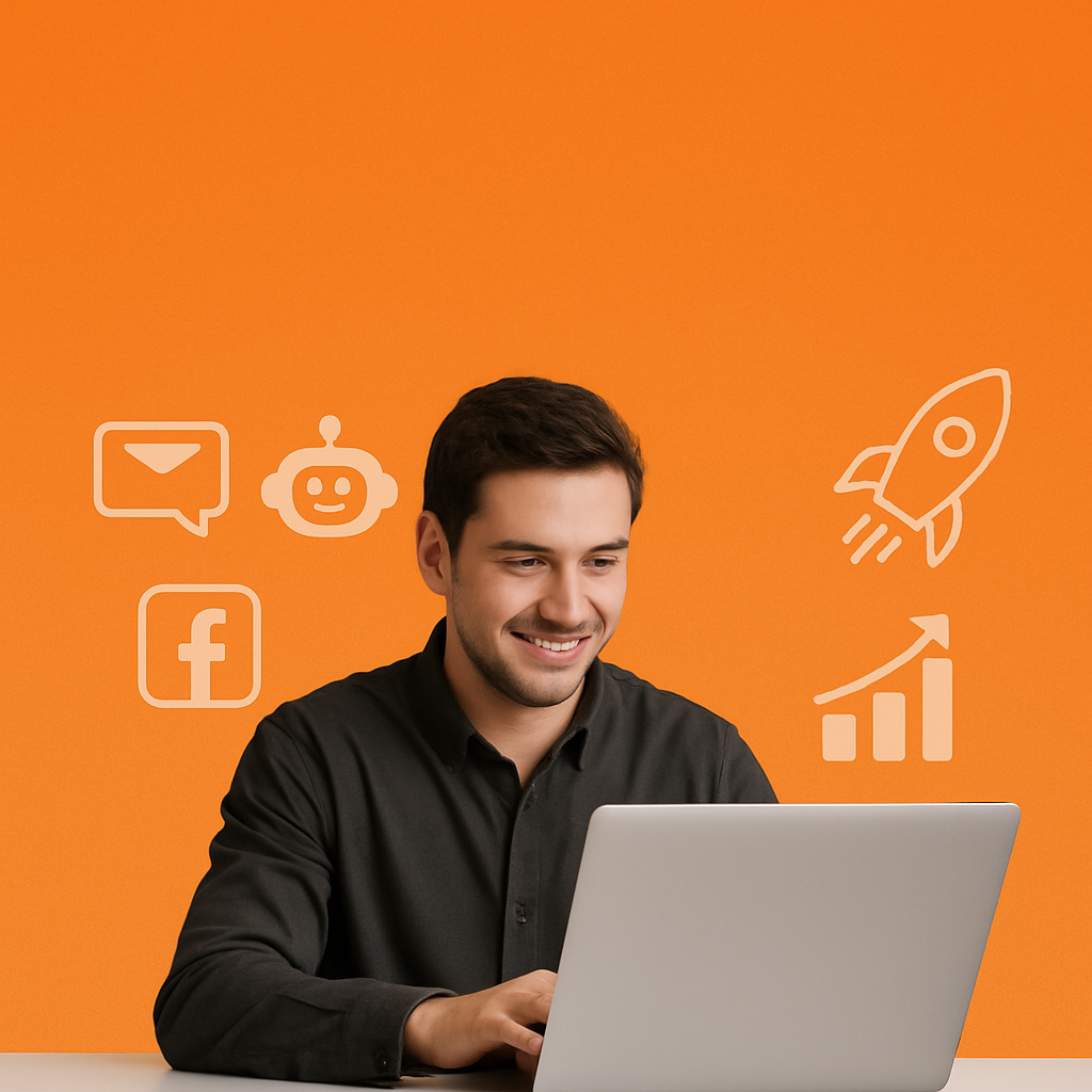 Smiling young man working on a laptop with digital marketing icons such as email, chatbot, Facebook, rocket, and growth chart floating around him on an orange background.