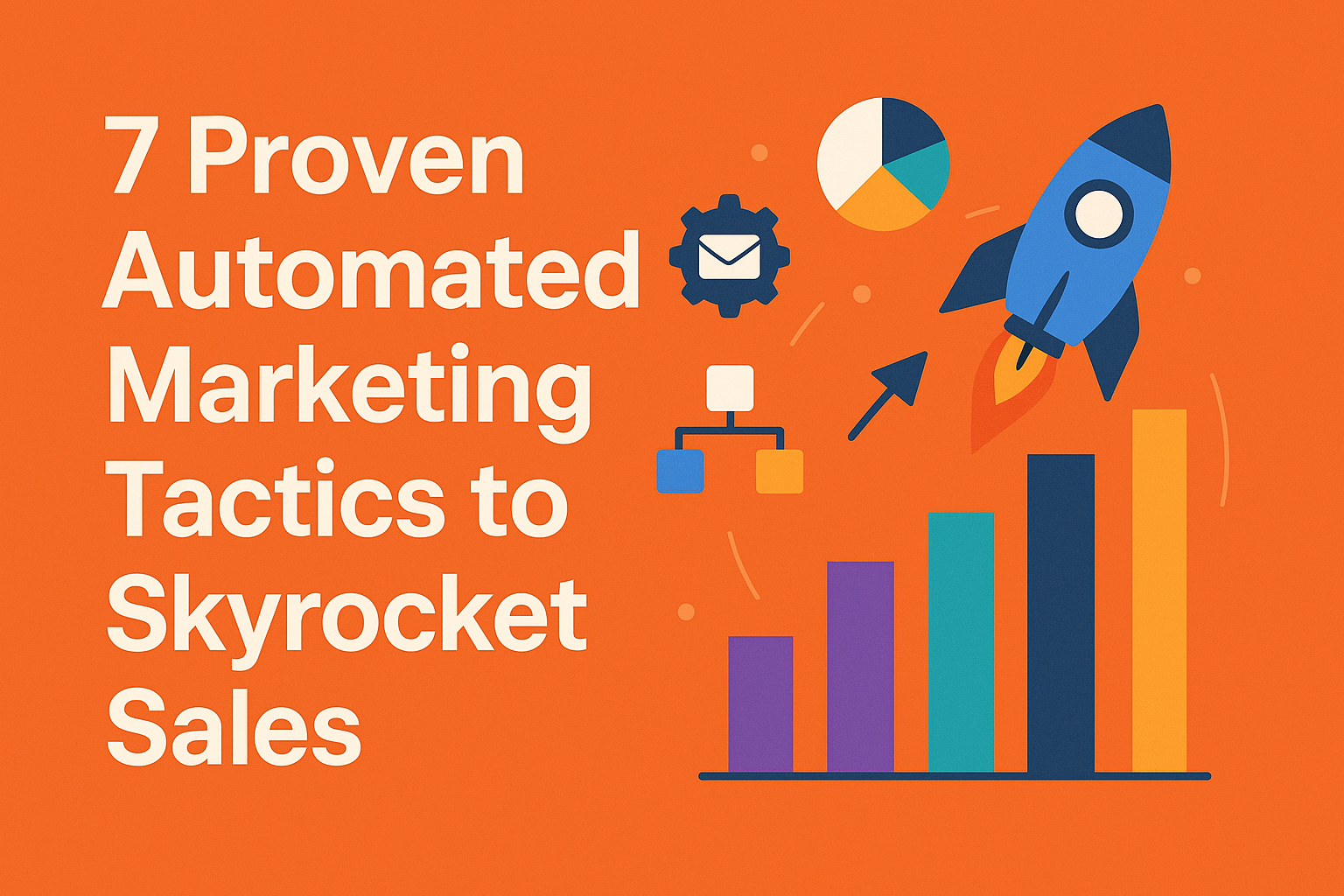 Illustration of rocket, bar chart, and icons with text ‘7 Proven Automated Marketing Tactics to Skyrocket Sales’ on an orange background.