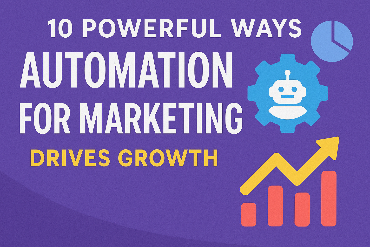Featured image with the title '10 Powerful Ways Automation for Marketing Drives Growth' showing icons of a robot, gears, chart, and upward arrow on a purple background.